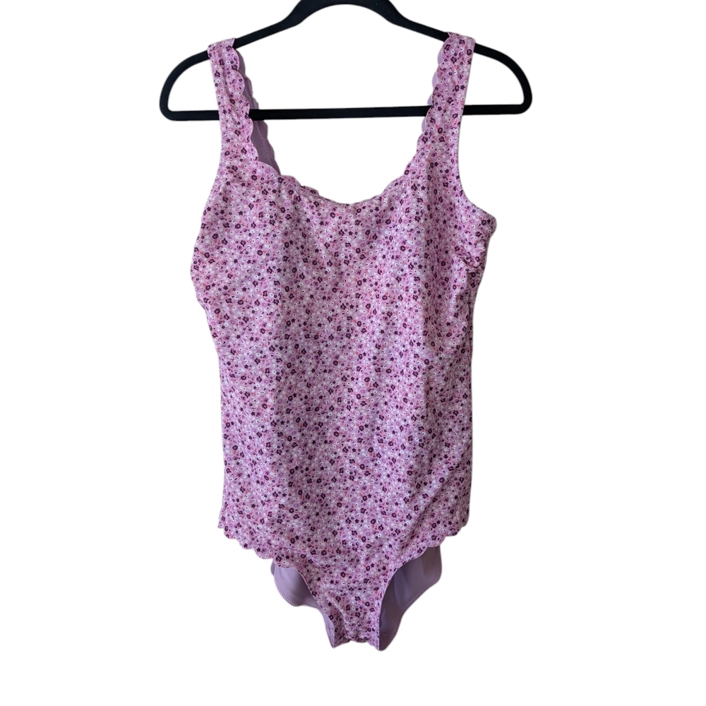 Lands' End Scalloped Pink Purple Ditsy Floral One Piece Swimsuit Size 14 Long